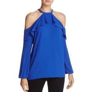 NWT Michael Kors Flounce Cold Shoulder Ruffle Top Royal Blue Size L